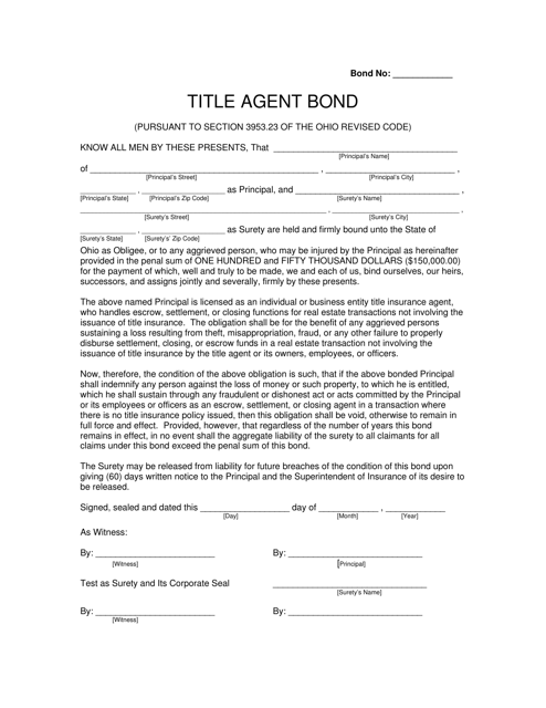 Title Agent Bond Form - Ohio Download Pdf