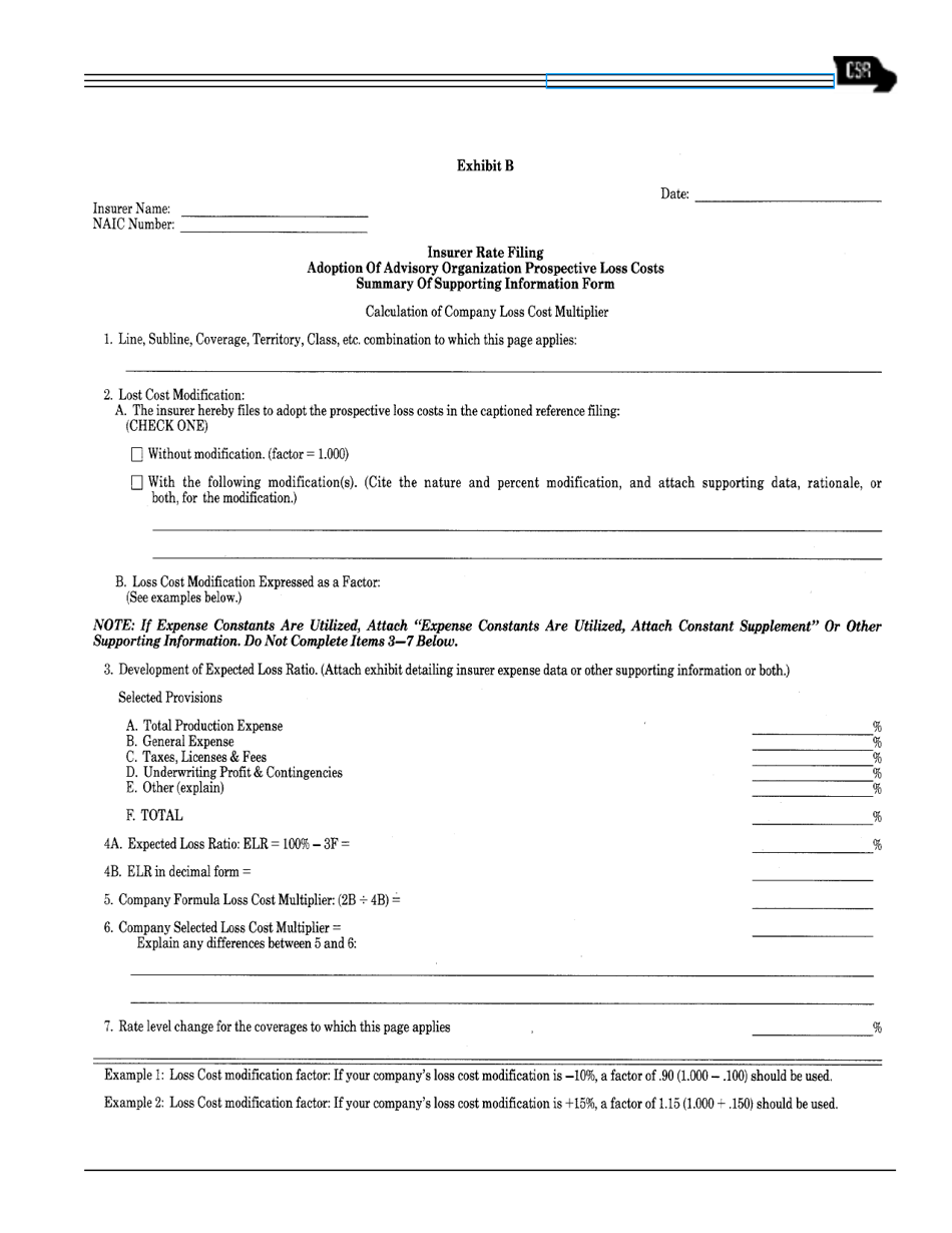Exhibit B Insurer Rate Filing Adoption of Advisory Organization Prospective Loss Costs - Summary of Supporting Information Form - Ohio, Page 1