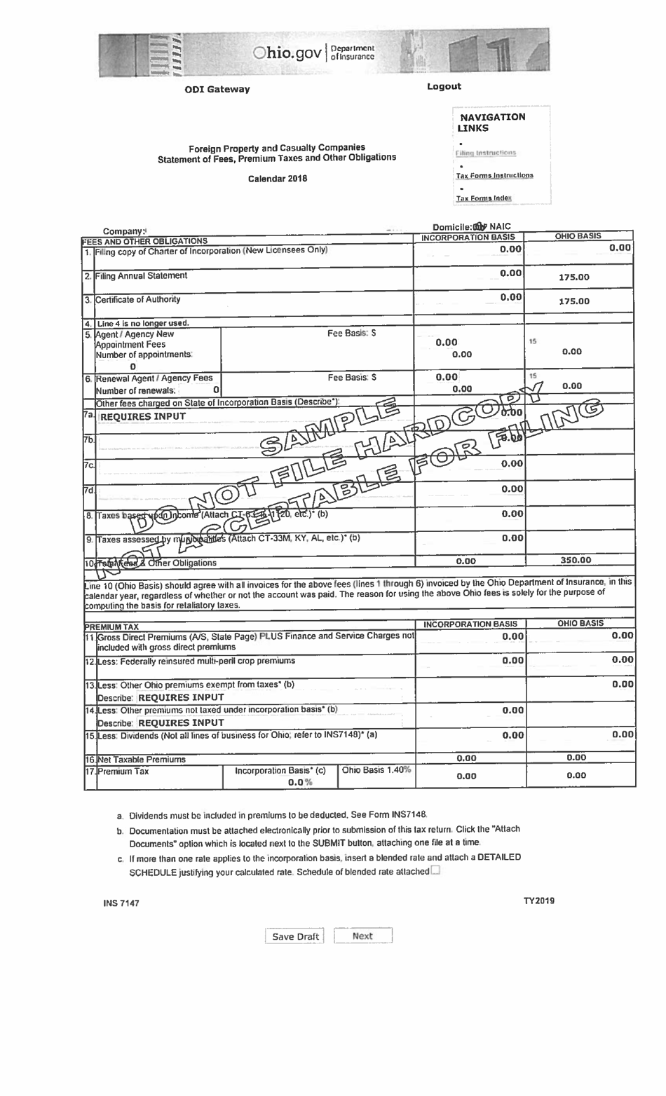 Sample Form INS7147 Foreign Property and Casualty Companies Statement of Fees, Premium Taxes and Other Obligations - Ohio, Page 1
