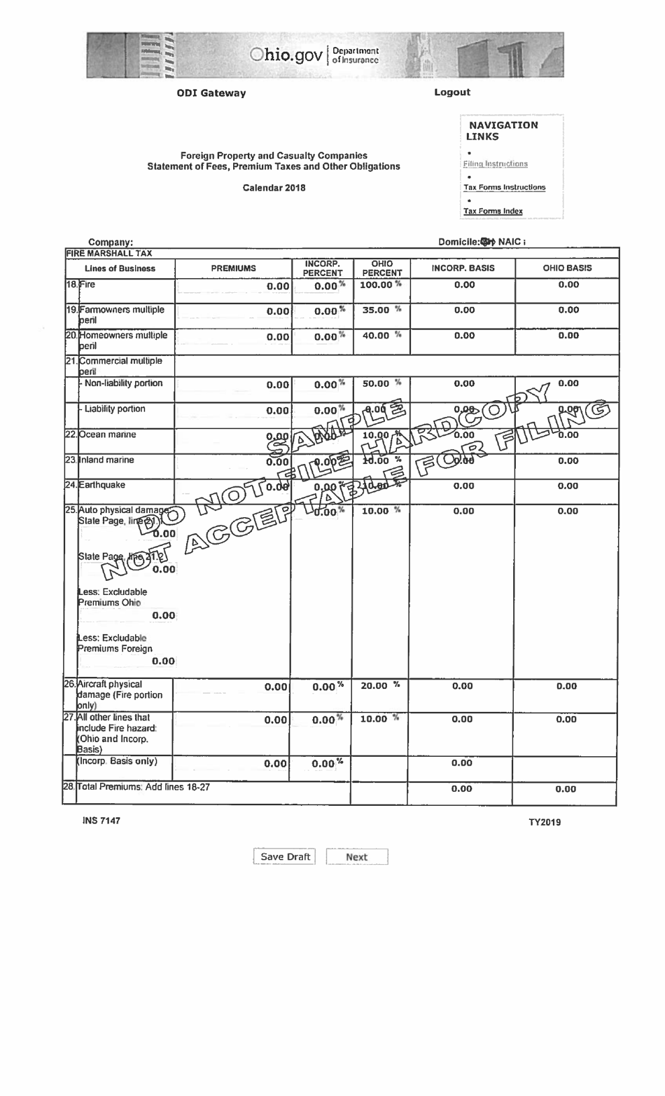 Sample Form INS7147 Foreign Property and Casualty Companies Statement of Fees, Premium Taxes and Other Obligations - Ohio, Page 2