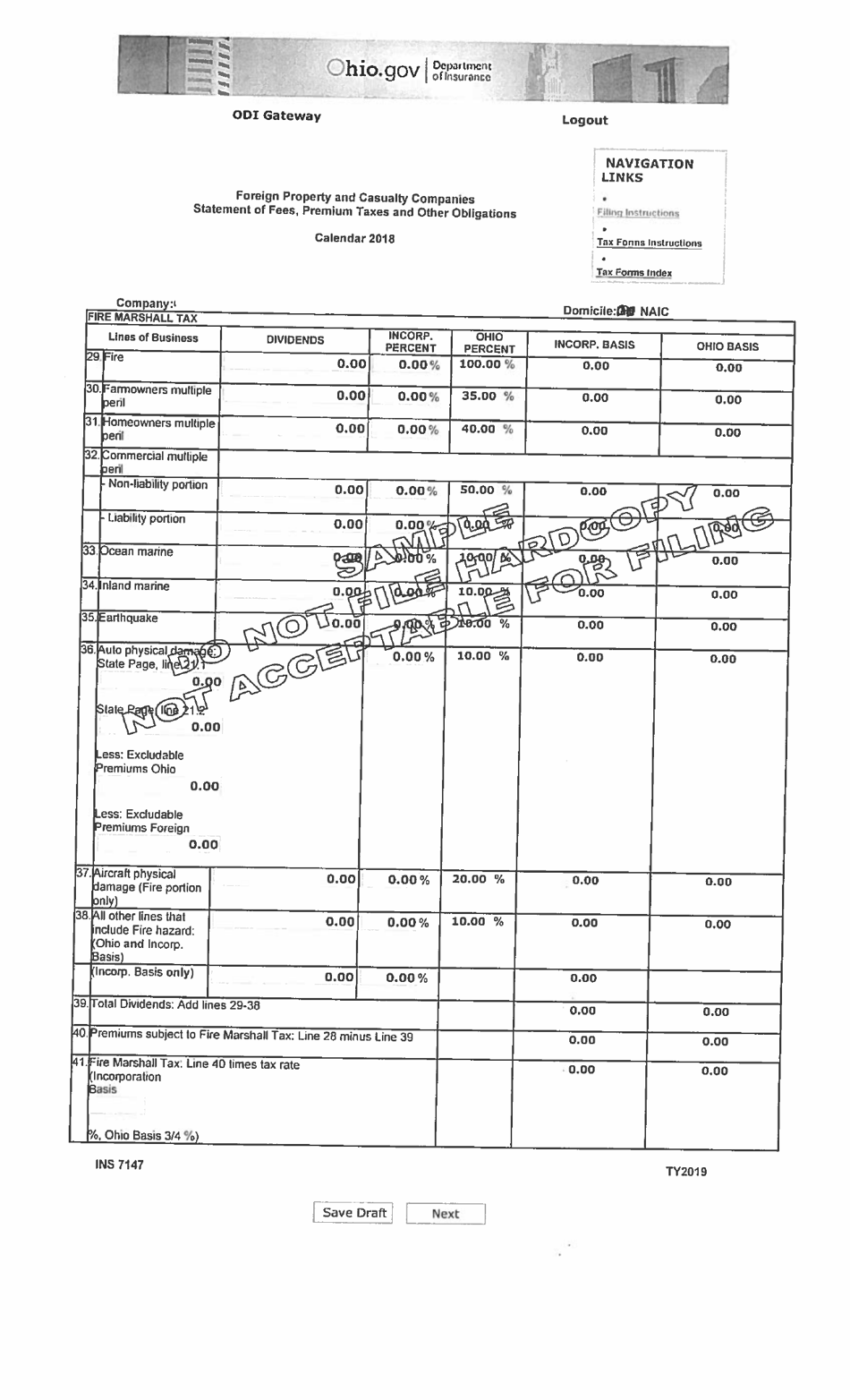 Sample Form INS7147 Foreign Property and Casualty Companies Statement of Fees, Premium Taxes and Other Obligations - Ohio, Page 3