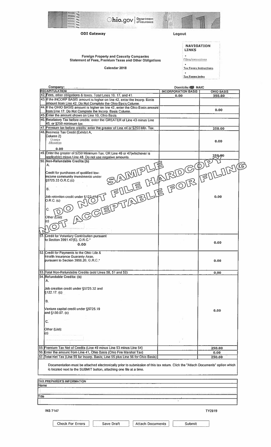 Sample Form INS7147 Foreign Property and Casualty Companies Statement of Fees, Premium Taxes and Other Obligations - Ohio, Page 4
