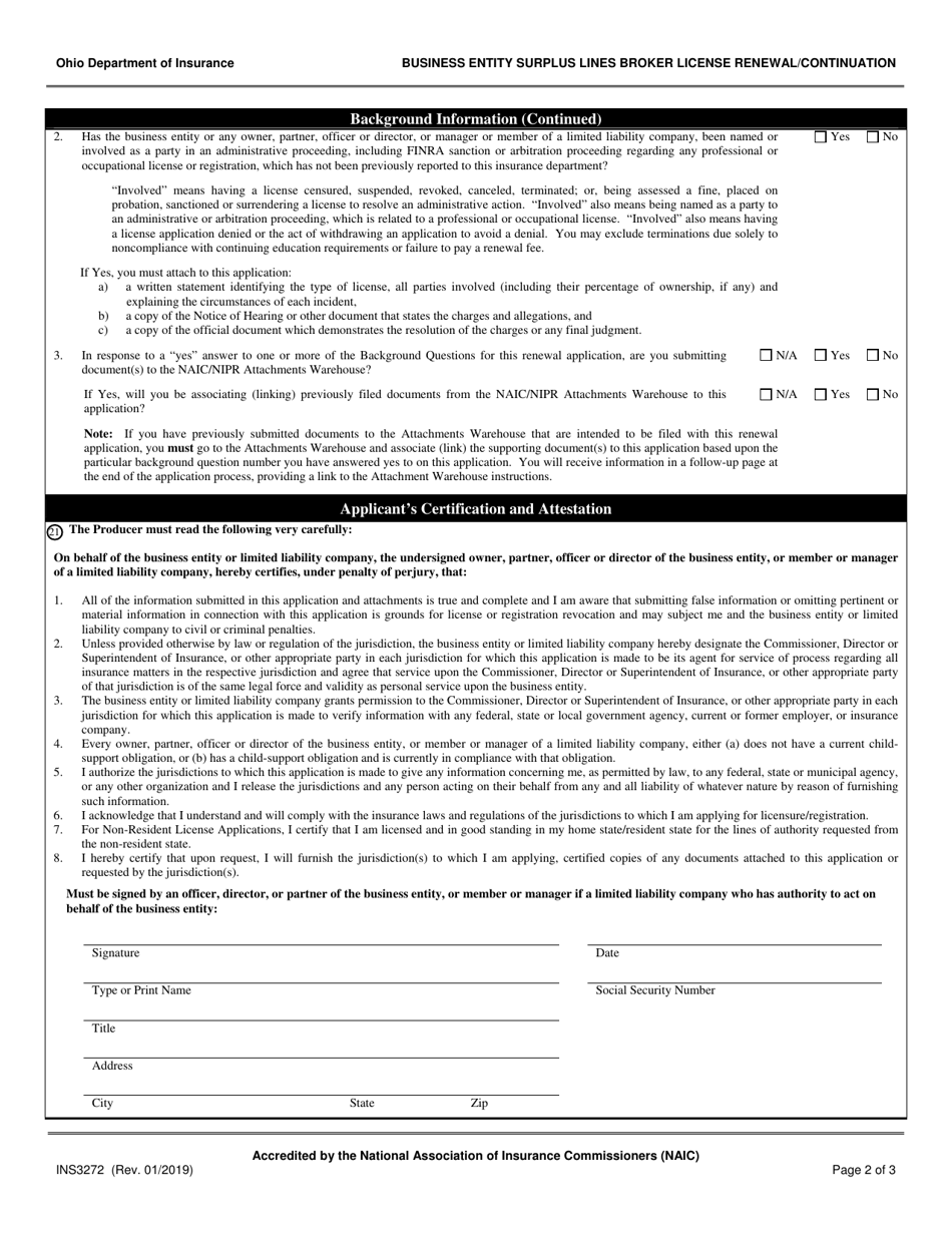 Form INS3272 Business Entity Surplus Lines Broker License Renewal / Continuation - Ohio, Page 2