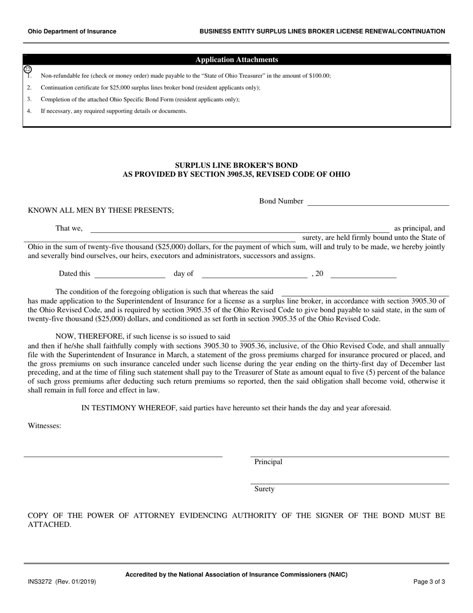 Form INS3272 Business Entity Surplus Lines Broker License Renewal / Continuation - Ohio, Page 3