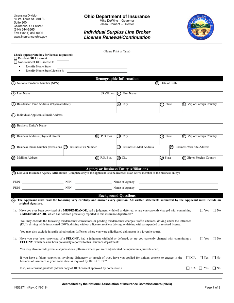 Form INS3271 Individual Surplus Line Broker License Renewal / Continuation - Ohio, Page 1