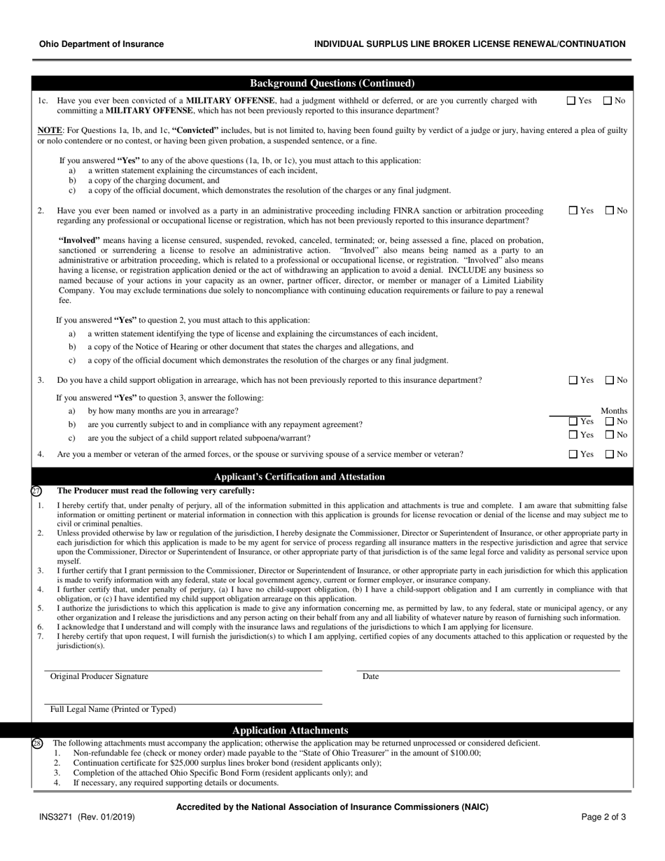 Form INS3271 Individual Surplus Line Broker License Renewal / Continuation - Ohio, Page 2