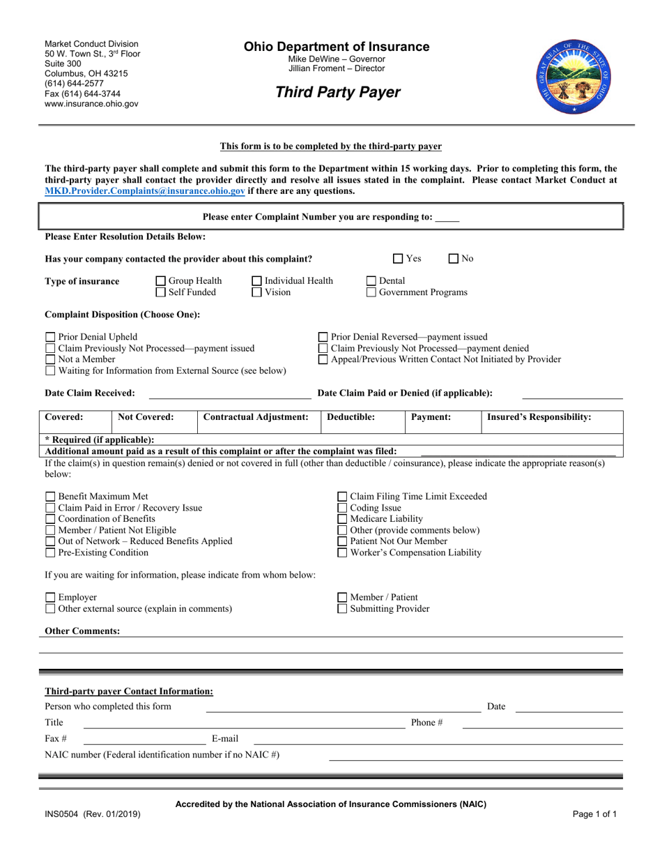 Form INS0504 Third Party Payer - Ohio, Page 1