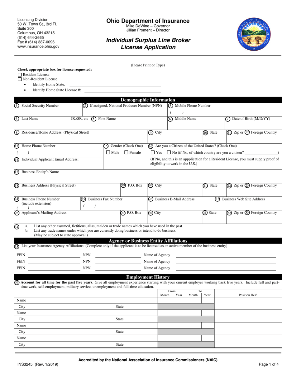 Form INS3245 Individual Surplus Line Broker License Application Form - Ohio, Page 1