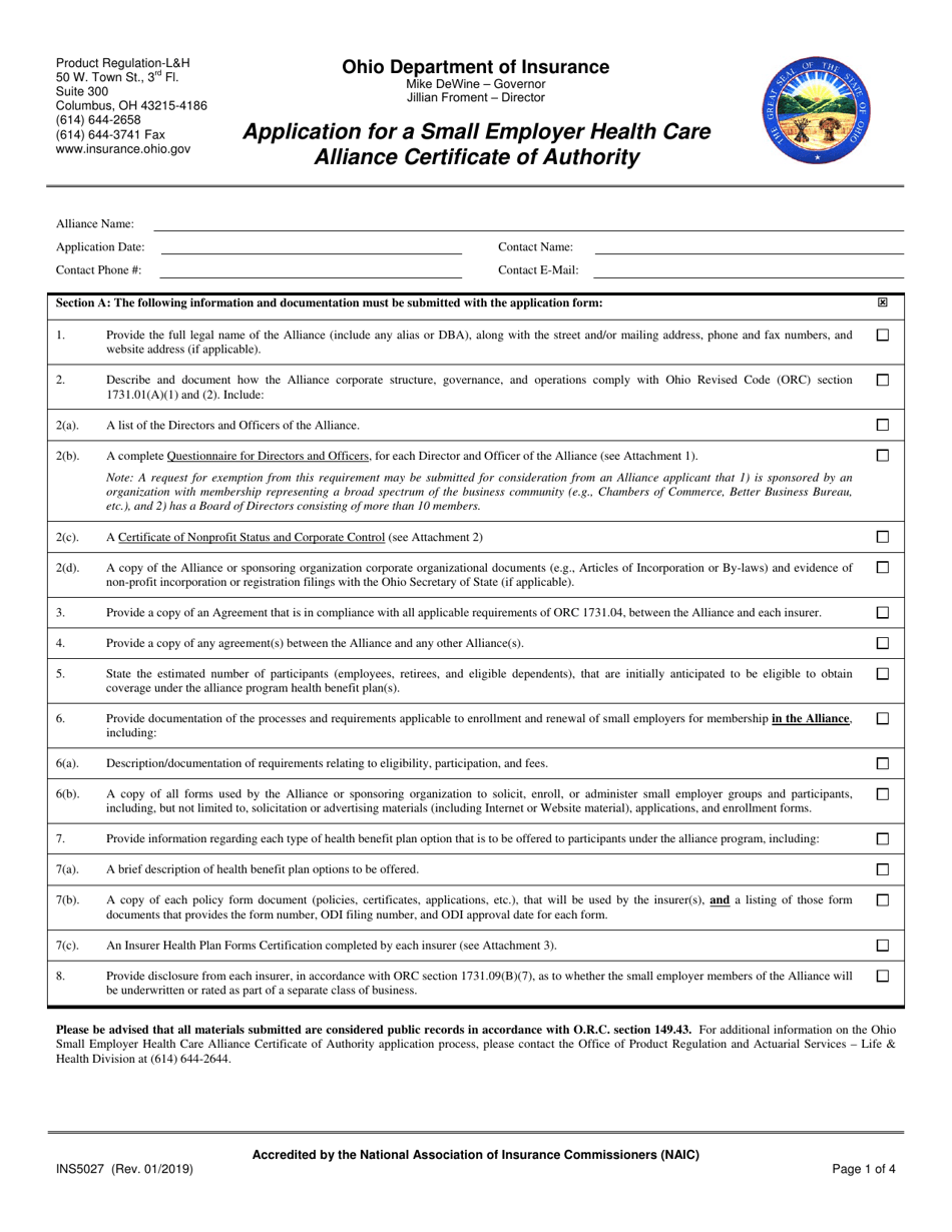 Form INS5027 Application for a Small Employer Health Care Alliance Certificate of Authority - Ohio, Page 1