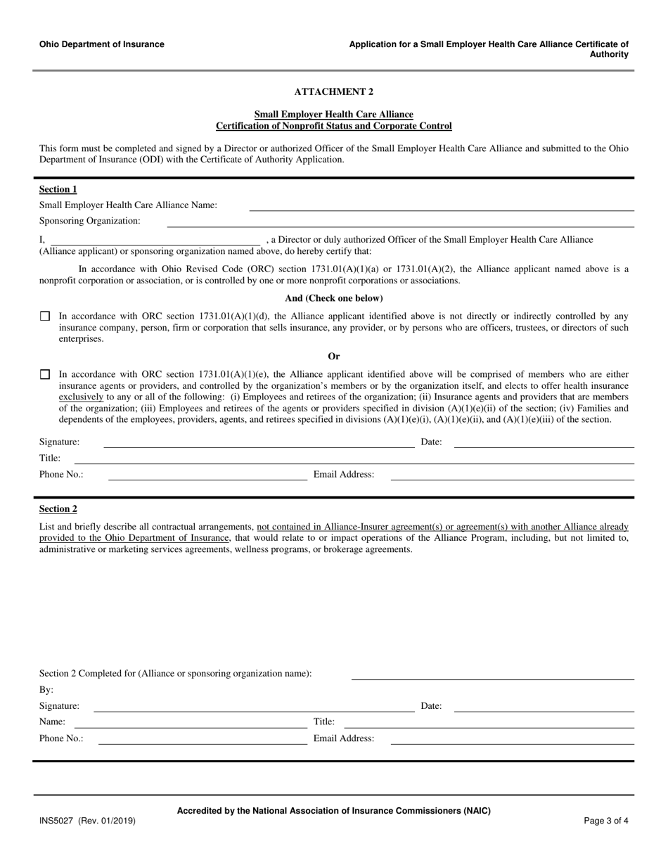 Form INS5027 Application for a Small Employer Health Care Alliance Certificate of Authority - Ohio, Page 3