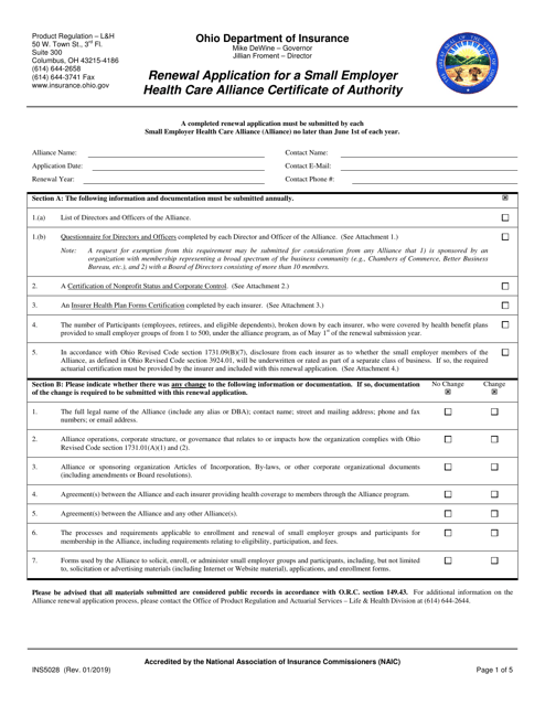 Form INS5028 Renewal Application for a Small Employer Health Care Alliance Certificate of Authority - Ohio