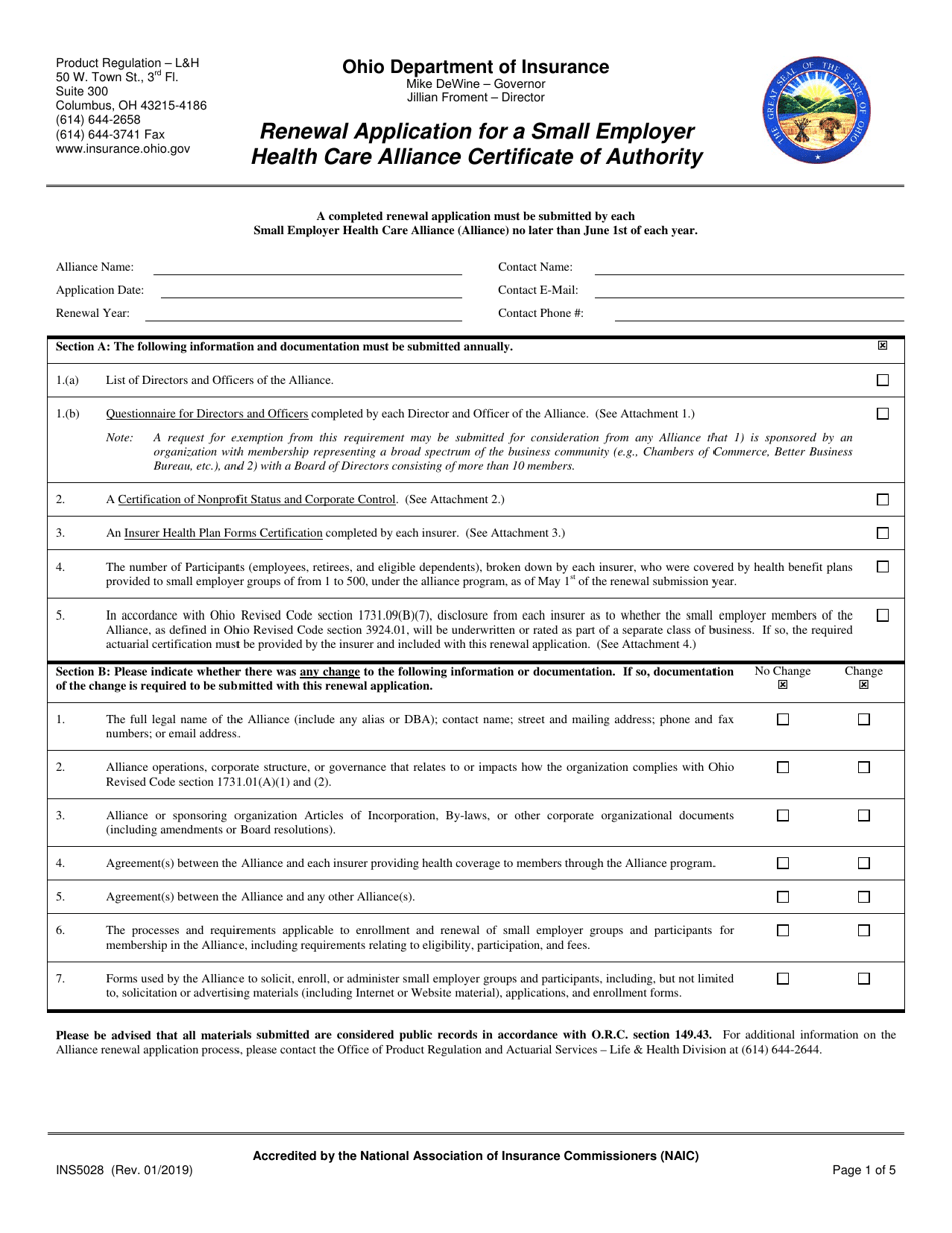Form INS5028 Renewal Application for a Small Employer Health Care Alliance Certificate of Authority - Ohio, Page 1