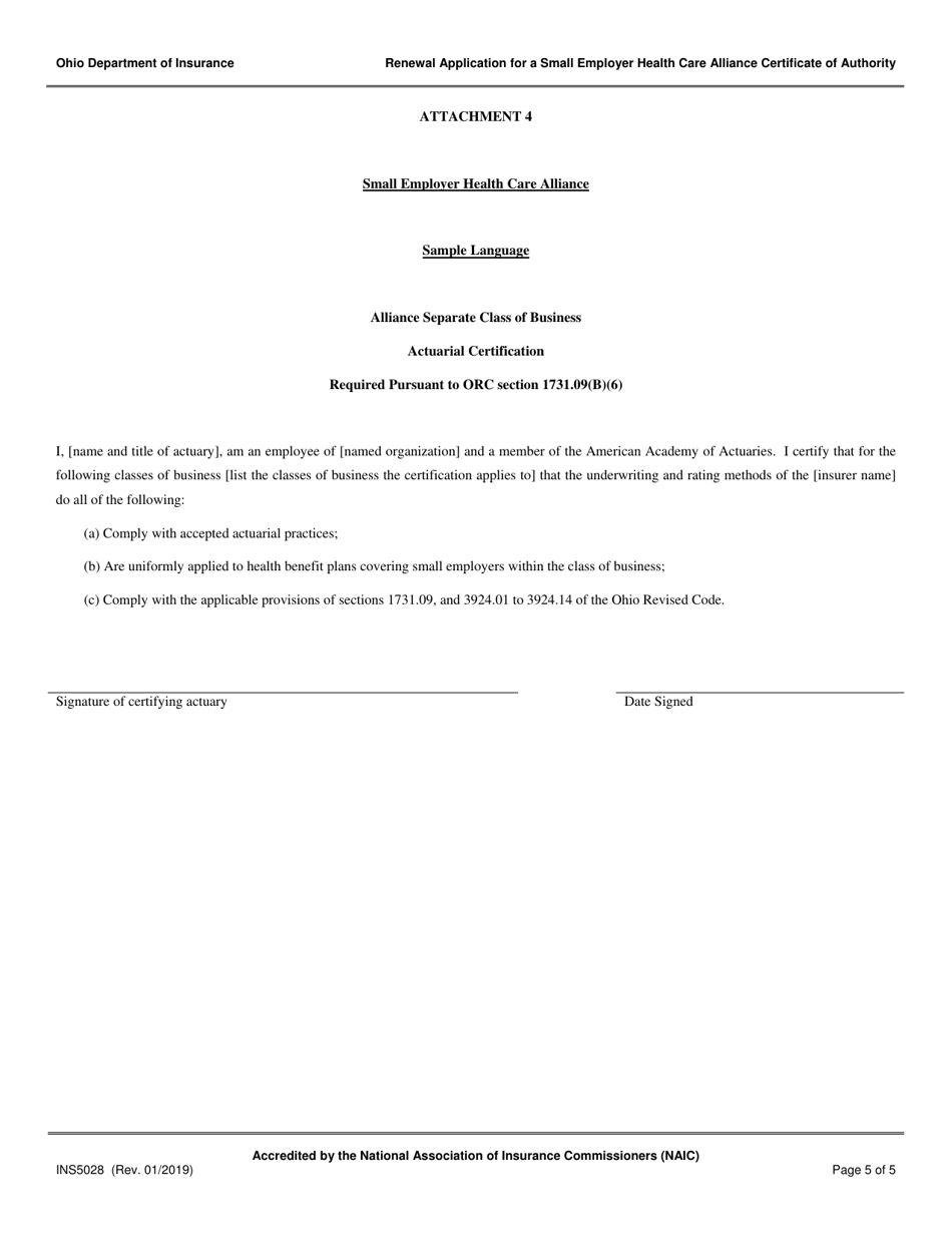 Form INS5028 Renewal Application for a Small Employer Health Care Alliance Certificate of Authority - Ohio, Page 5