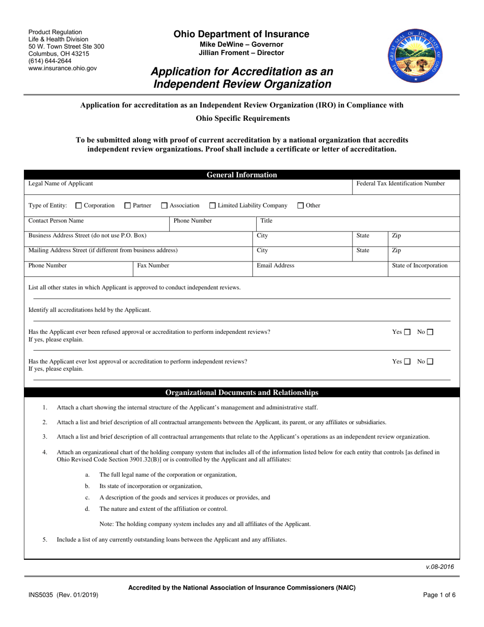 Form INS5035 Application for Accreditation as an Independent Review Organization - Ohio, Page 1