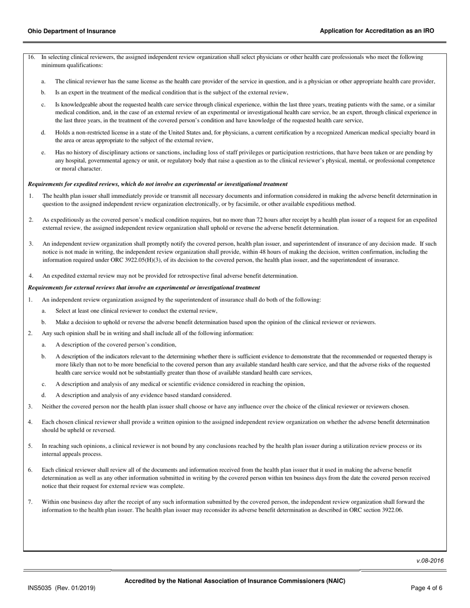 Form INS5035 Application for Accreditation as an Independent Review Organization - Ohio, Page 4