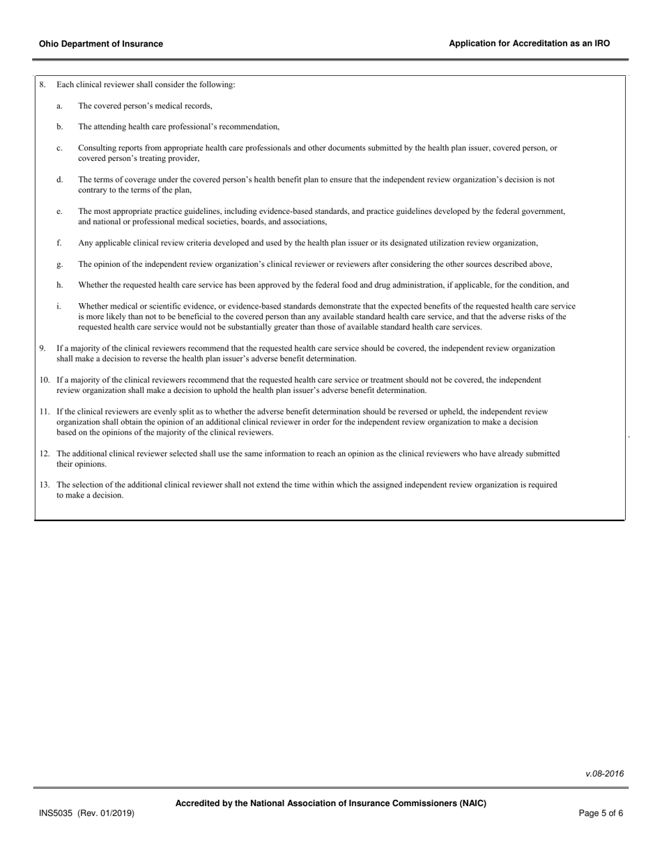 Form INS5035 Application for Accreditation as an Independent Review Organization - Ohio, Page 5