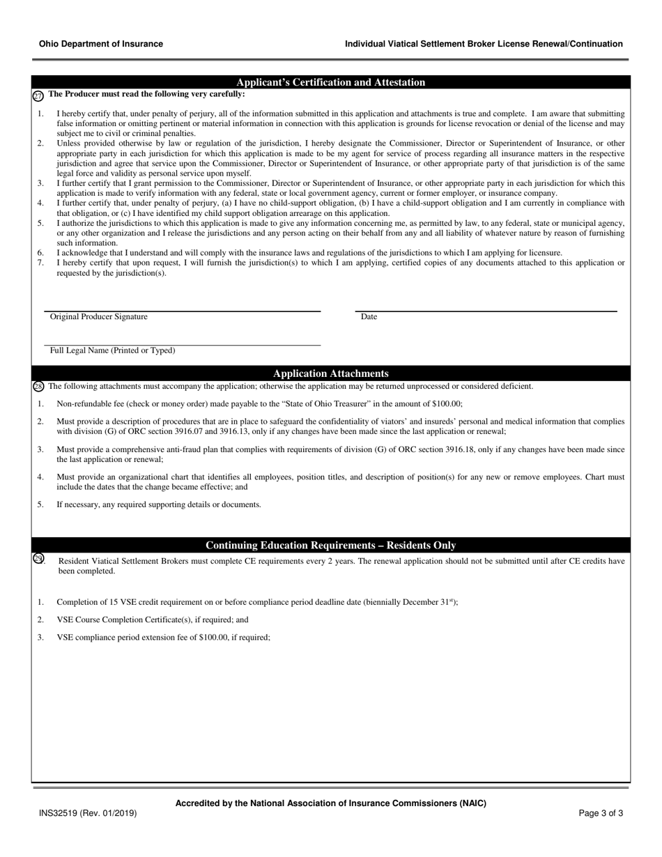 Form INS32519 Individual Viatical Settlement Broker License Renewal / Continuation - Ohio, Page 3