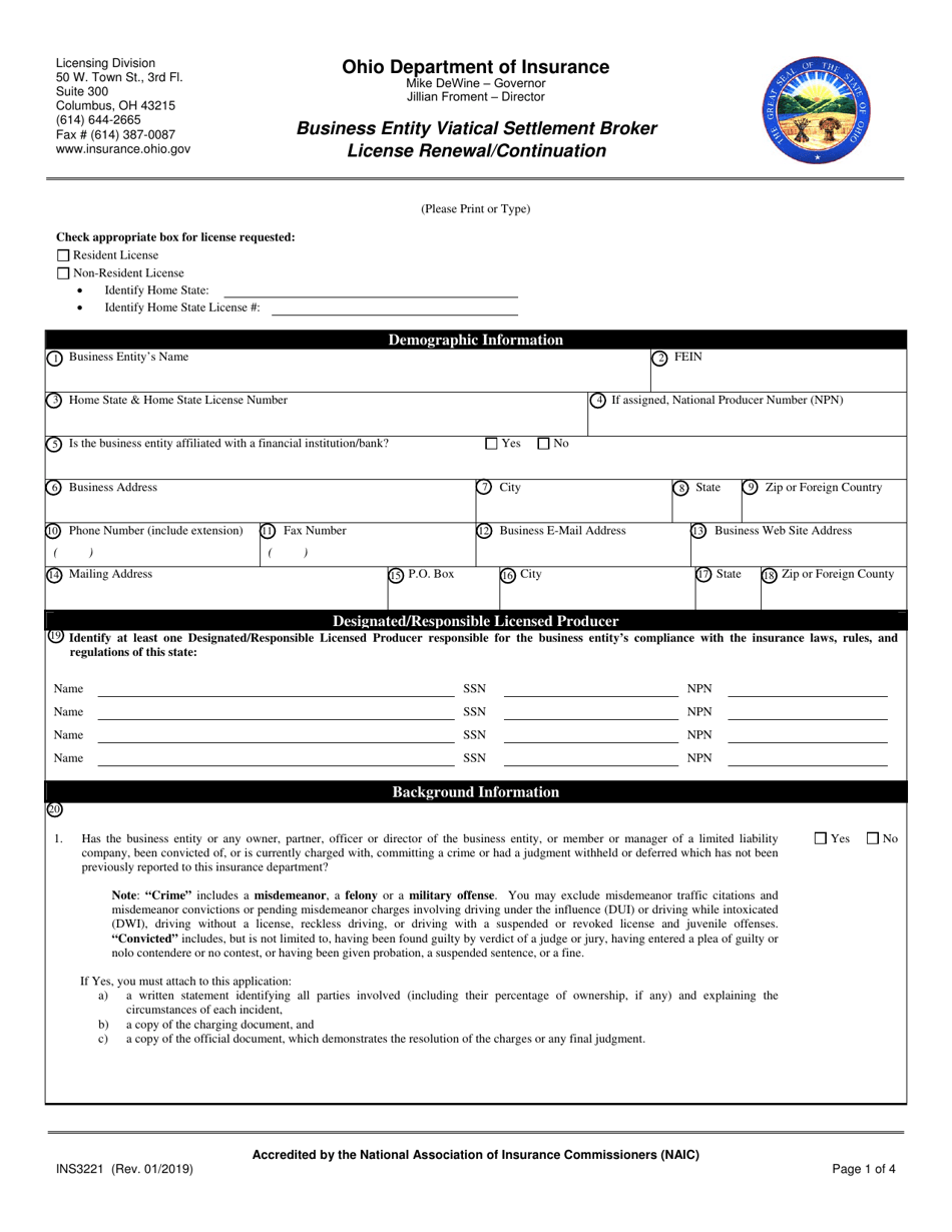 Form INS3221 Business Entity Viatical Settlement Broker License Renewal / Continuation - Ohio, Page 1