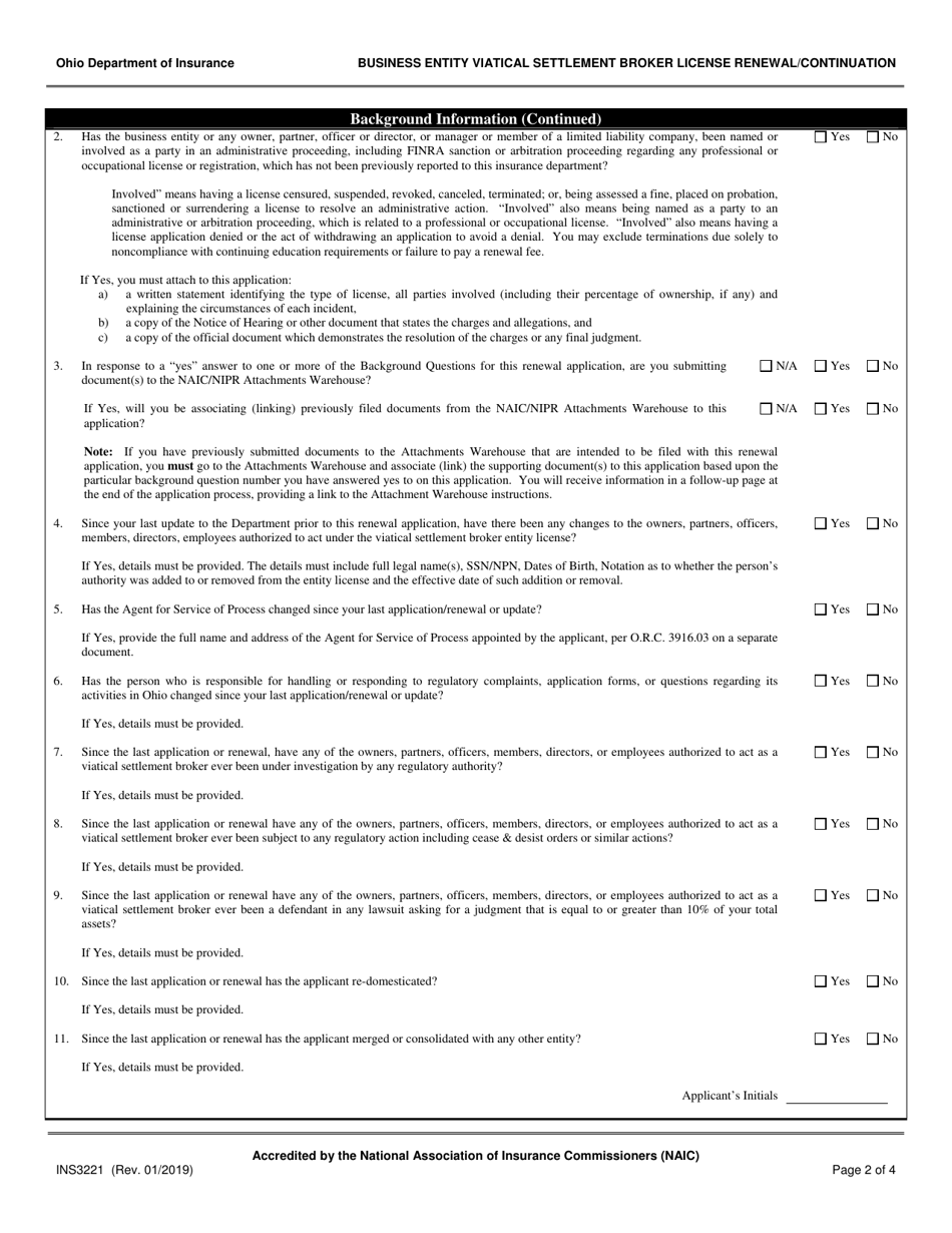 Form INS3221 Business Entity Viatical Settlement Broker License Renewal / Continuation - Ohio, Page 2