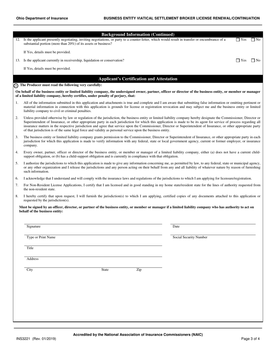 Form INS3221 Business Entity Viatical Settlement Broker License Renewal / Continuation - Ohio, Page 3