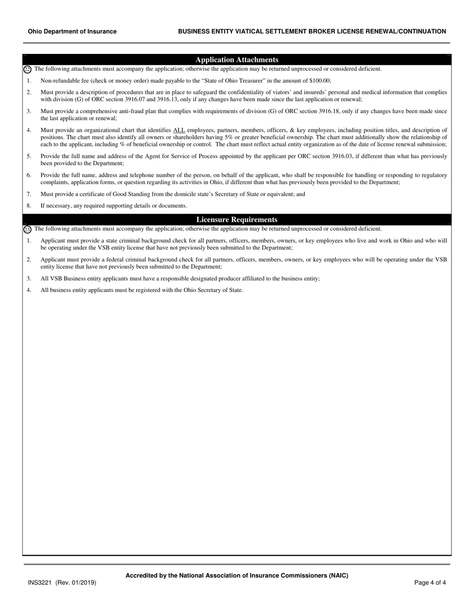Form INS3221 Business Entity Viatical Settlement Broker License Renewal / Continuation - Ohio, Page 4