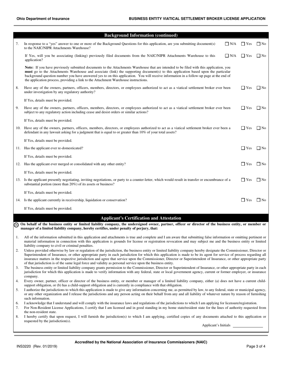 Form INS3220 Business Entity Viatical Settlement Broker License Application - Ohio, Page 3