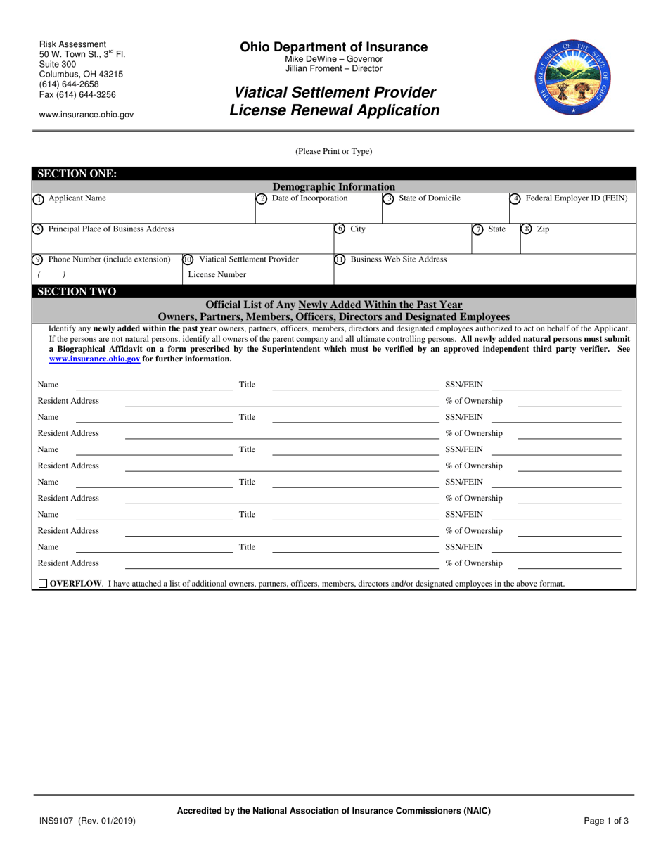 Form INS9107 Viatical Settlement Provider License Renewal Application - Ohio, Page 1