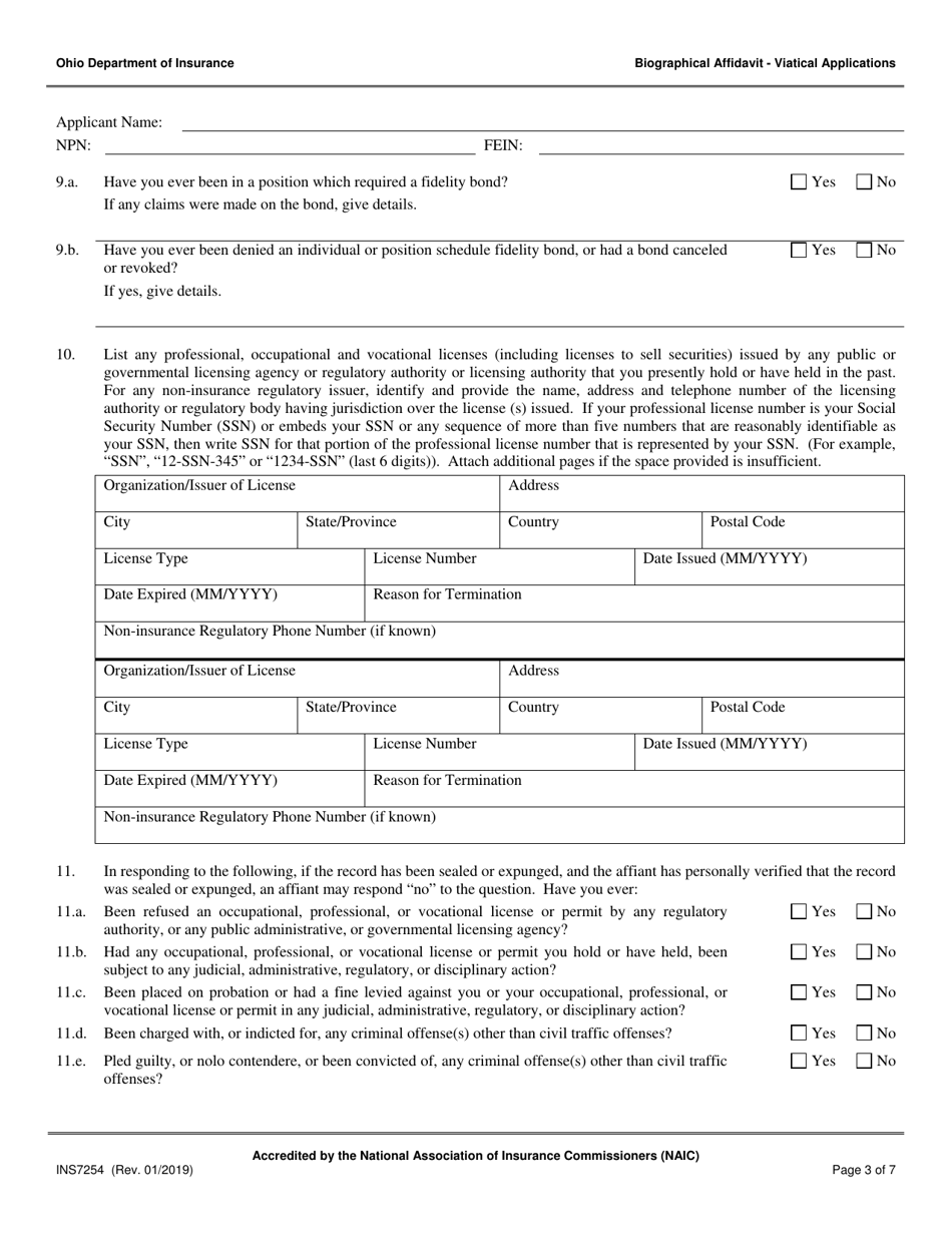 Form INS7254 Biographical Affidavit for Viatical Applications - Ohio, Page 3
