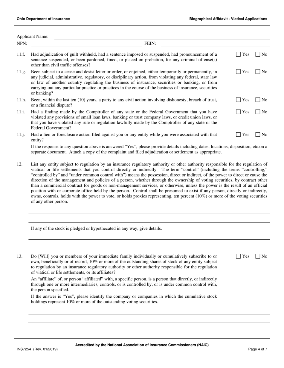Form INS7254 Biographical Affidavit for Viatical Applications - Ohio, Page 4