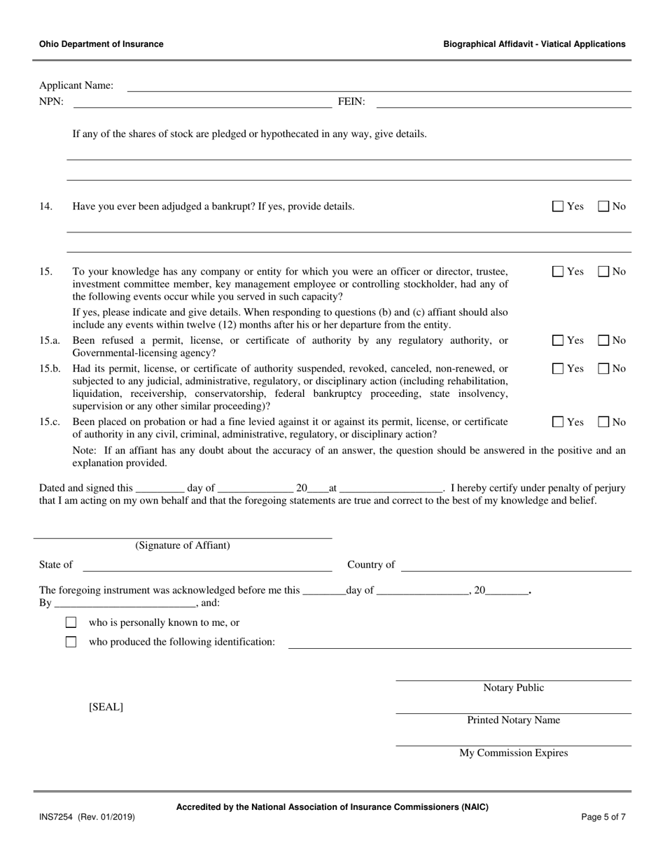 Form INS7254 Biographical Affidavit for Viatical Applications - Ohio, Page 5