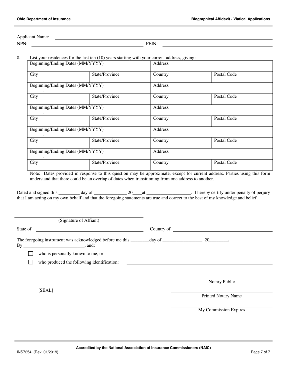 Form INS7254 Biographical Affidavit for Viatical Applications - Ohio, Page 7
