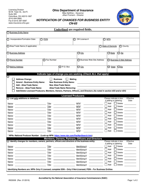 Form INS3008 (CN-65)  Printable Pdf