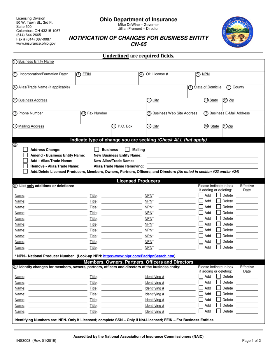 Form INS3008 (CN-65) Notification of Changes for Business Entity - Ohio, Page 1