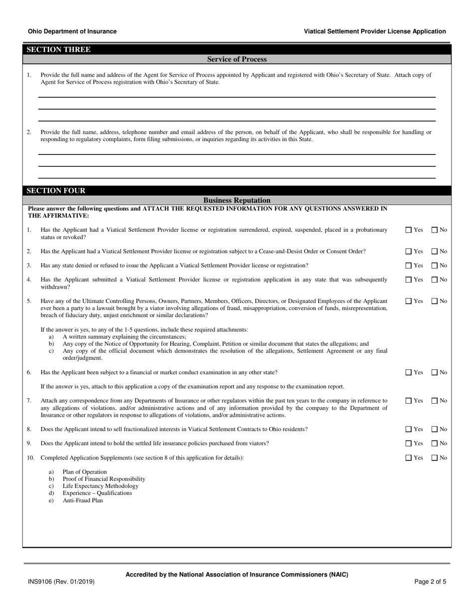 Form INS9106 Viatical Settlement Provider License Application - Ohio, Page 2