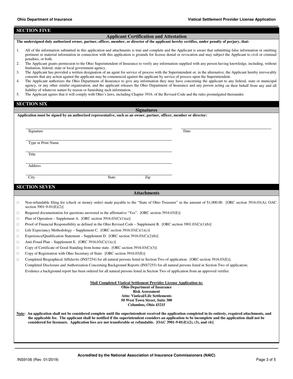 Form INS9106 Viatical Settlement Provider License Application - Ohio, Page 3