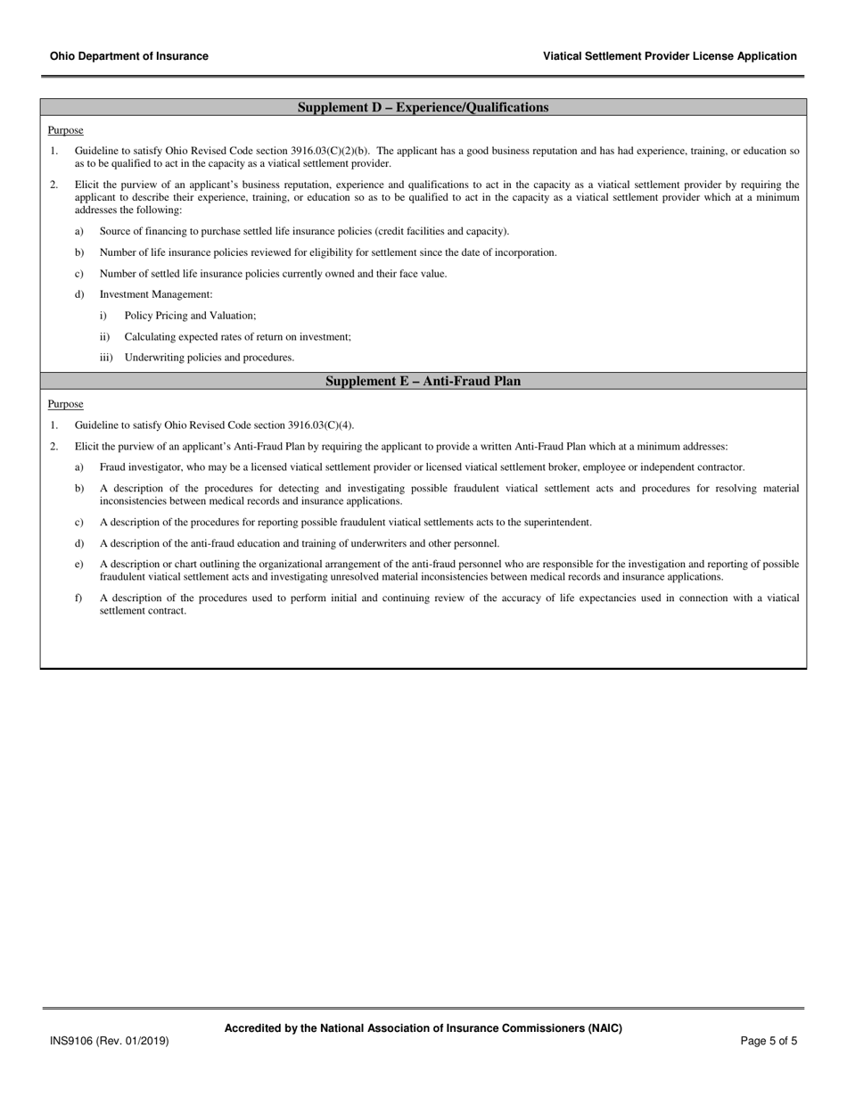 Form INS9106 Viatical Settlement Provider License Application - Ohio, Page 5
