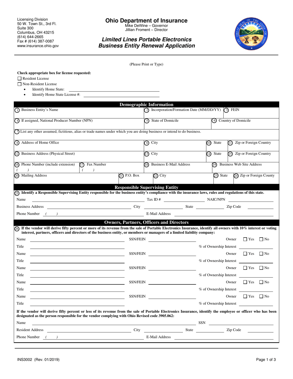 Form INS3002 Limited Lines Portable Electronics Business Entity Renewal Application - Ohio, Page 1