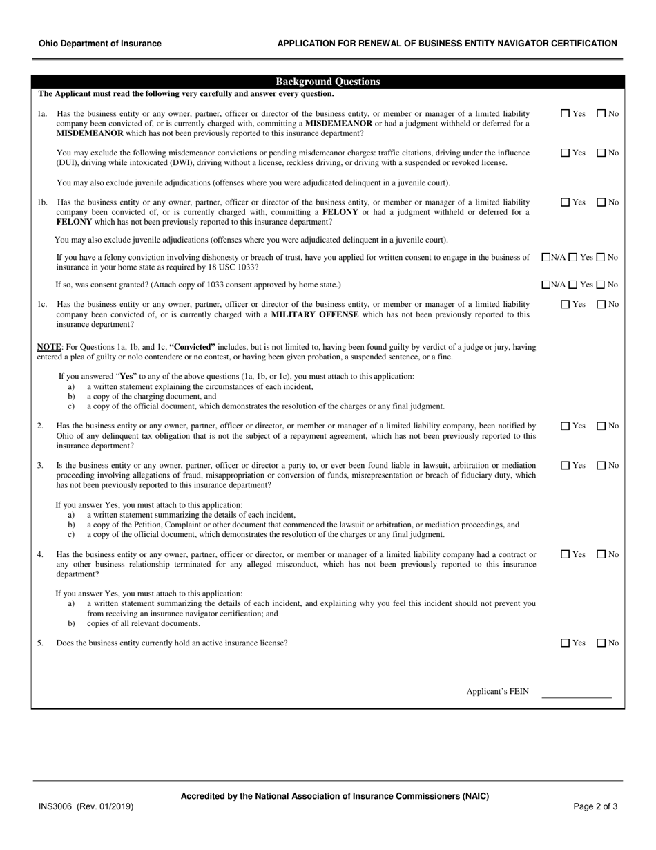 Form INS3006 Application for Renewal of Business Entity Navigator Certification - Ohio, Page 2