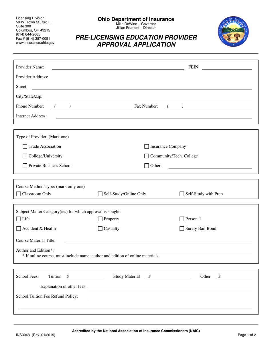 Form INS3048 Pre-licensing Education Provider Approval Application - Ohio, Page 1