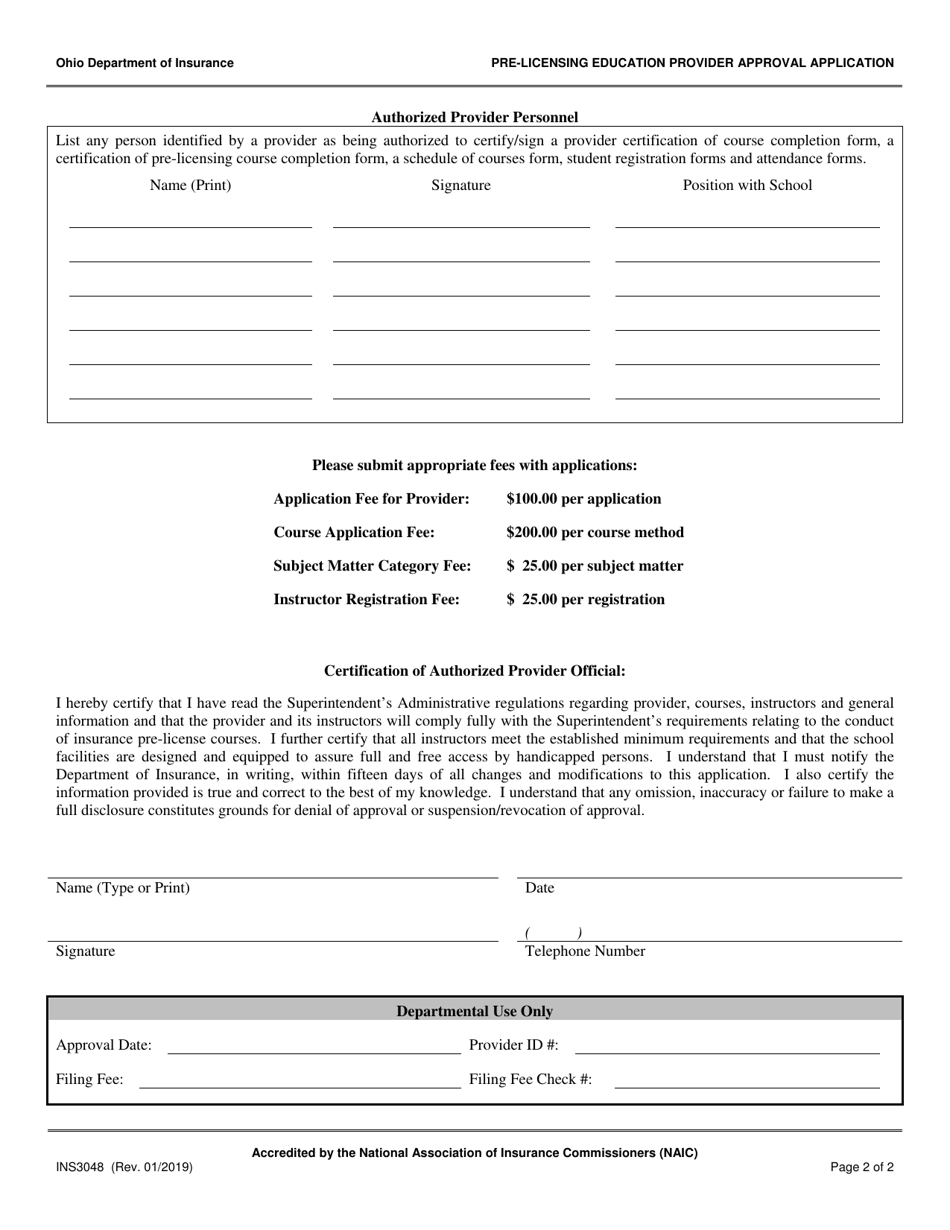 Form INS3048 Pre-licensing Education Provider Approval Application - Ohio, Page 2