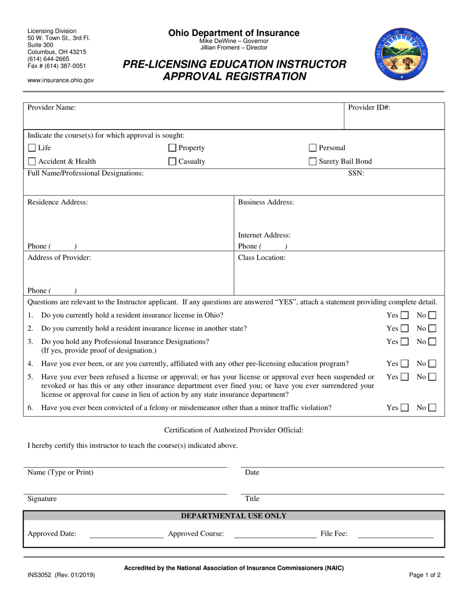 Form INS3052 Pre-licensing Education Instructor Approval Registration - Ohio, Page 1