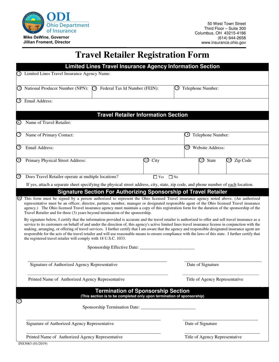 Form INS3063 Travel Retailer Registration Form - Ohio, Page 1
