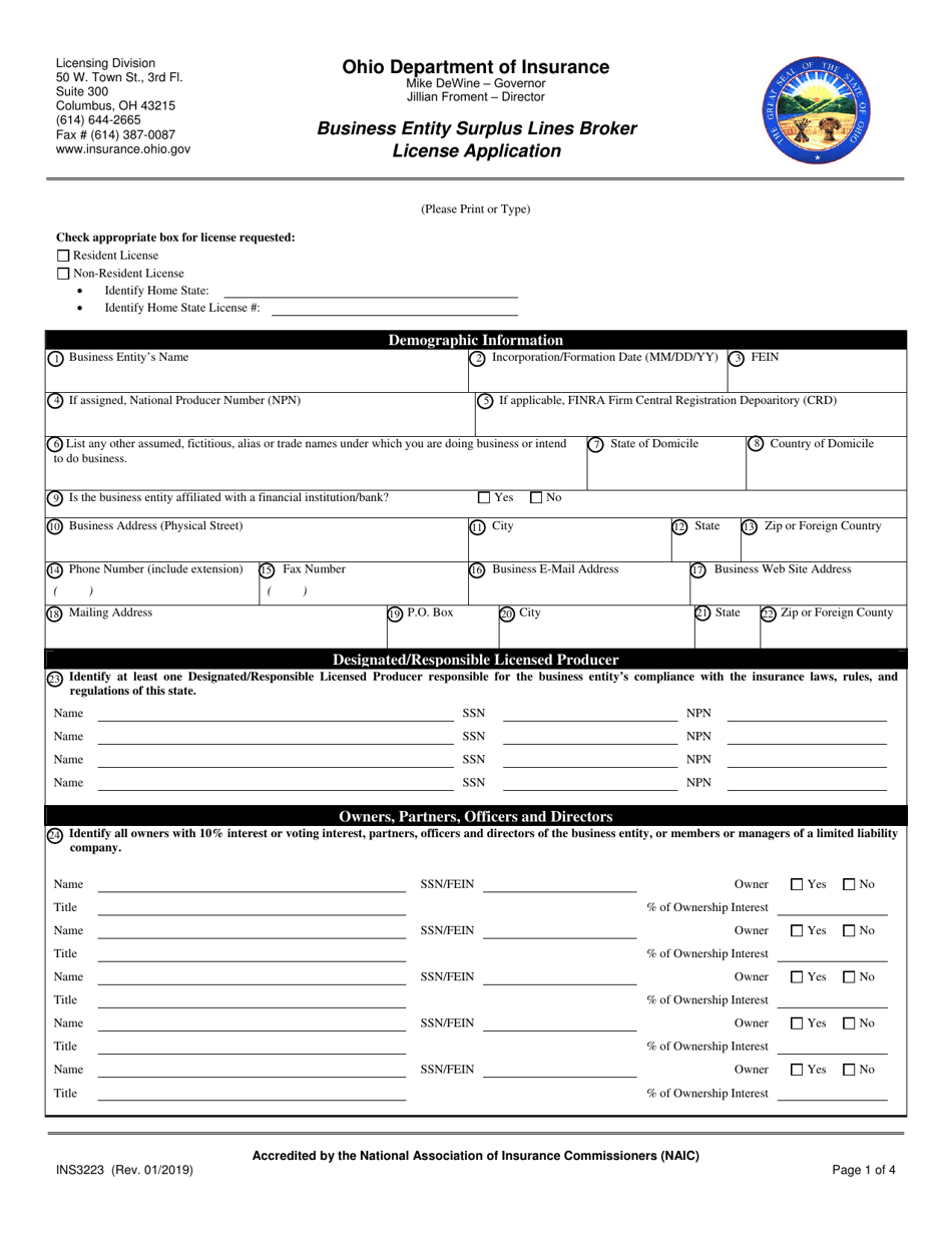 Form INS3223 Business Entity Surplus Lines Broker License Application - Ohio, Page 1
