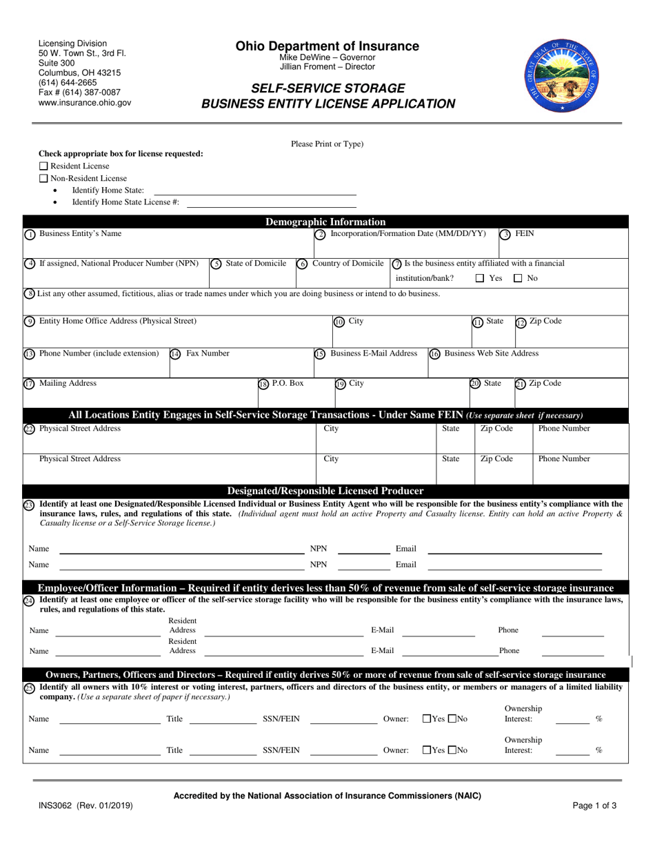 Form INS3062 Self-service Storage Business Entity License Application - Ohio, Page 1