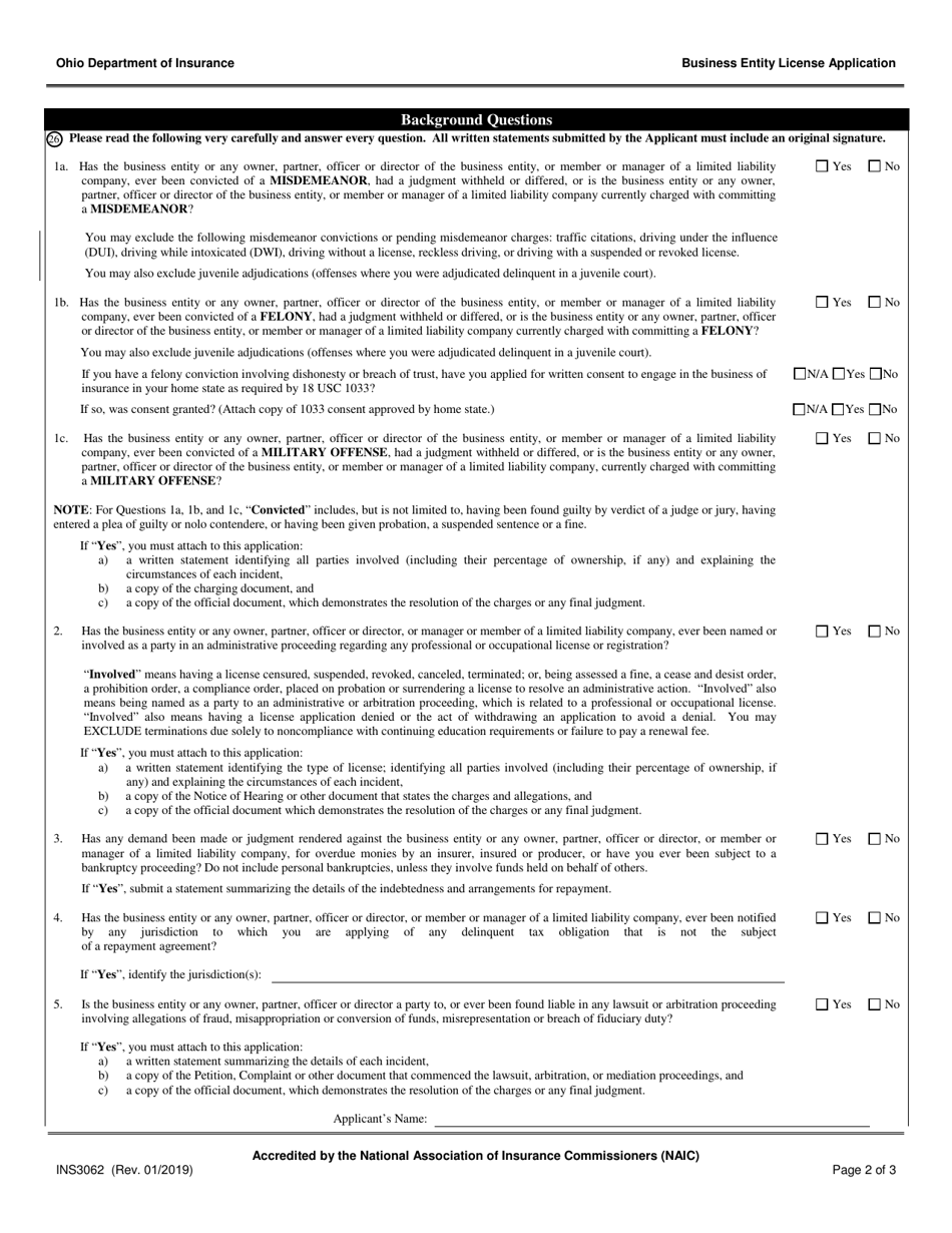 Form INS3062 Self-service Storage Business Entity License Application - Ohio, Page 2