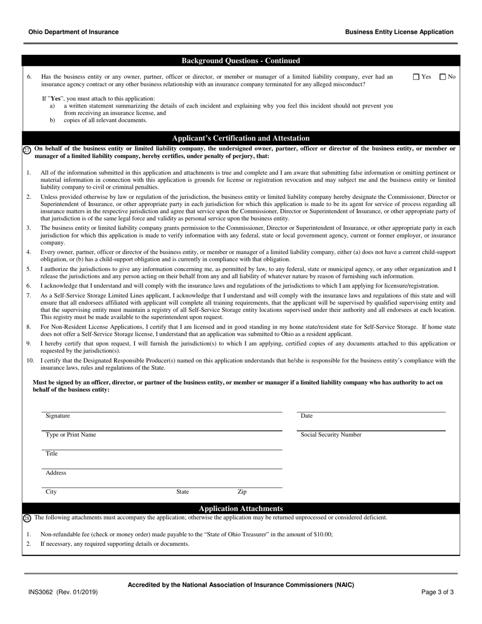 Form INS3062 Self-service Storage Business Entity License Application - Ohio, Page 3