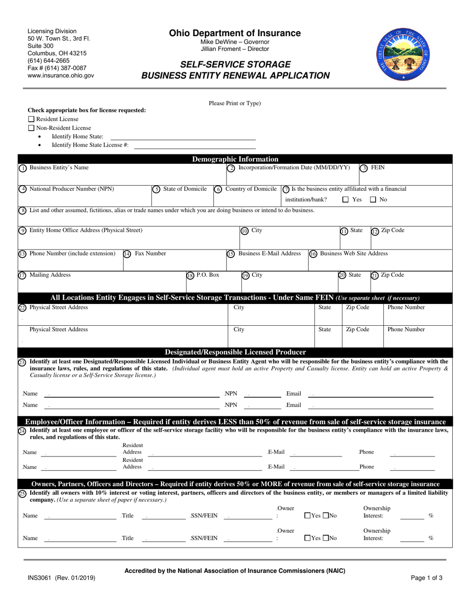 Form INS3061 Self-service Storage Business Entity Renewal Application - Ohio, Page 1