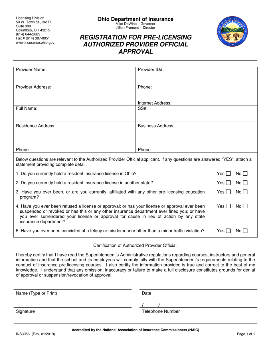 Form INS3056 Registration for Pre-licensing Authorized Provider Official Approval - Ohio, Page 1