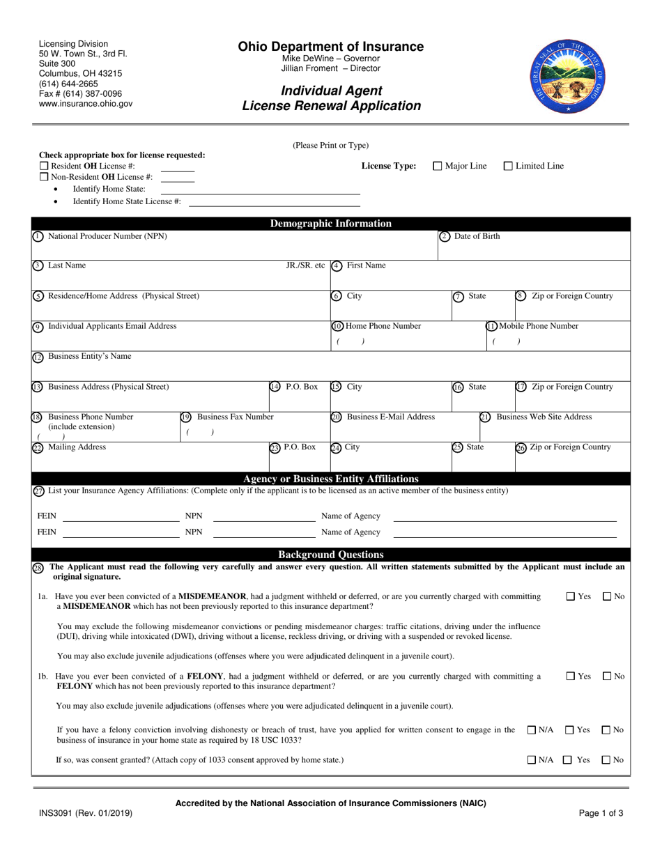 Form INS3091 Individual Agent License Renewal Application - Ohio, Page 1