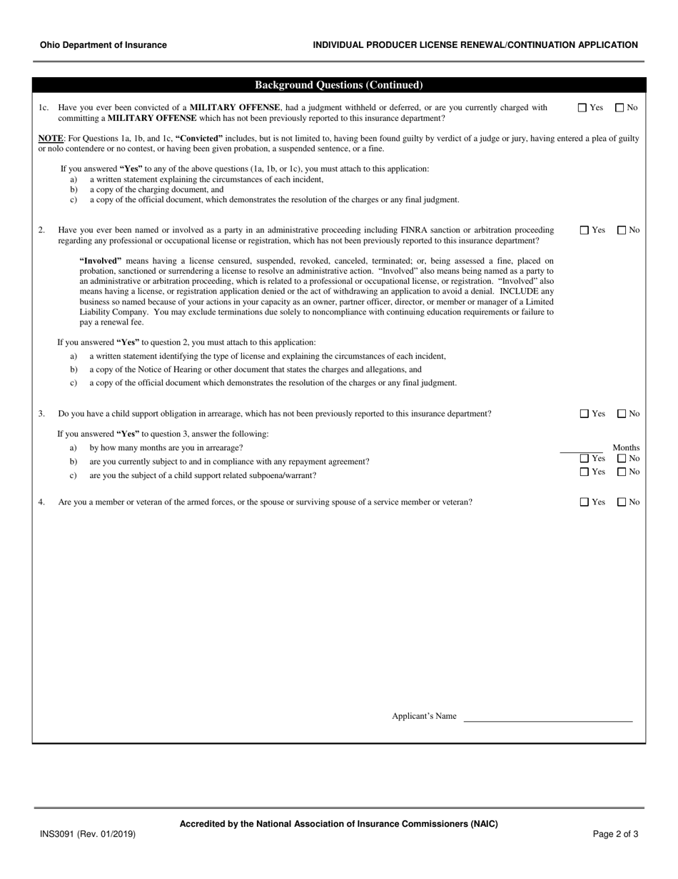 Form INS3091 Individual Agent License Renewal Application - Ohio, Page 2